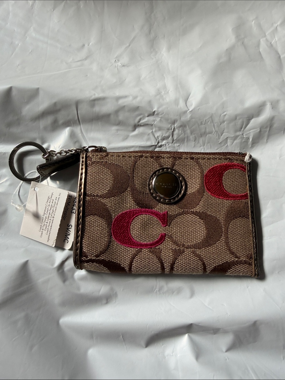 Coach Brown Signature C Card & Key Case with Red Accents